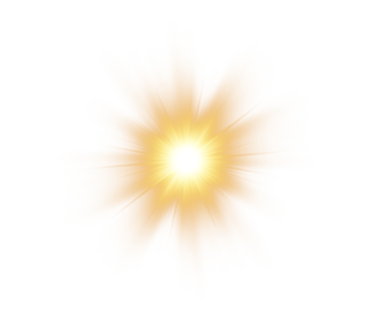Yellow star flashed with sparkles sun isolated on white background. Soft glow without departing rays, sunlight with lens flare effect. PNG vector light effect.