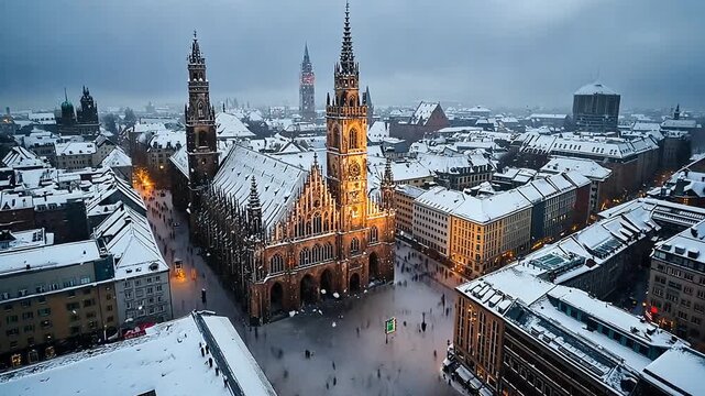 aerial drone shot munich skyline snowing over marienplatz and frauenkirche video timelapse