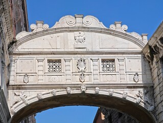 close up of detailed white limestone Baroque of Bridge of Sighs in Venice