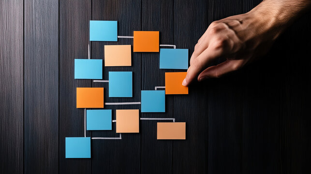 Workflow automation and business process mapping concept. Businessman touching flowchart interface, representing workflow automated, process planning, business flow, system optimization,