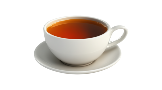 White teacup filled with amber tea isolated on a transparent background