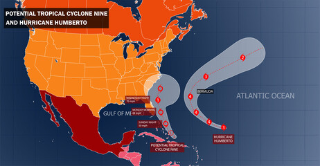 Potential Tropical Cyclone Nine expected Path and Hurricane Humberto expected. Map illustration based on satellite image and data.