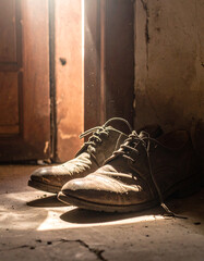 A pair of old shoes beside the entrance door, sunlight reflecting off the dust