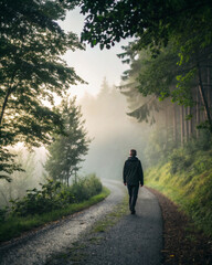 A person walking alone on a forest path
