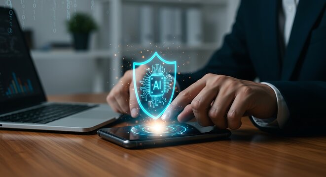 Protecting business data with advanced AI. Man in a suit activates a futuristic cybersecurity shield on his smartphone. Technology and privacy concept - Powered by Adobe