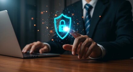 Securing business information. A man works on a laptop and interacts with a glowing padlock icon to ensure system safety and data encryption