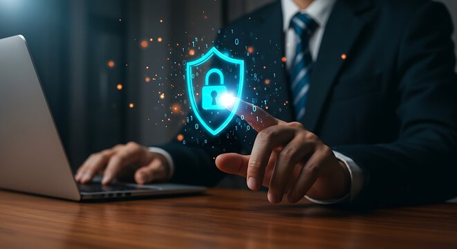 Securing business information. A man works on a laptop and interacts with a glowing padlock icon to ensure system safety and data encryption - Powered by Adobe