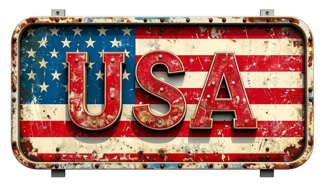 Rectangular aged metal sign featuring a flag design. The "USA" letters are outlined in red, attached with rivets over the flag