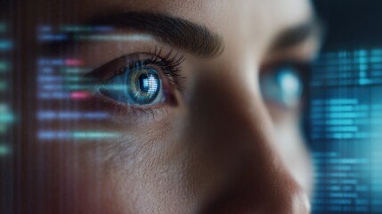 A close-up of a woman's eye reflecting digital data and innovation.
