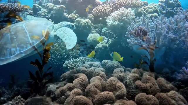 Close up perspective of diverse tropical fish species, each exhibiting unique patterns and brilliant chromatic scales, interacting within their habitat.