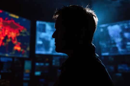 Man's silhouette is seen in a control room, surrounded by multiple digital screens showing data visualizations and global maps
