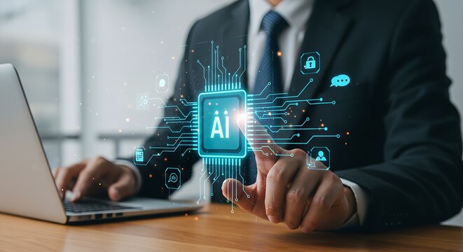 Executive leveraging artificial intelligence for data analysis and business strategy. Hand interacting with a futuristic AI CPU hologram over a laptop