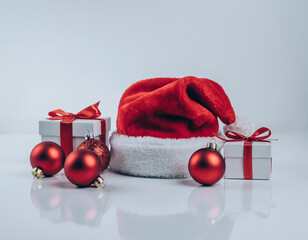 Festive santa hat rests among christmas ornaments and wrapped gifts on a reflective white surface, radiating holiday cheer and anticipation.