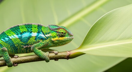 Fototapeta premium Vibrant chameleon perched on a branch amidst lush greenery.