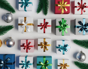 Assorted christmas presents arranged neatly on white surface with silver ornaments and evergreen branches creating festive holiday atmosphere.