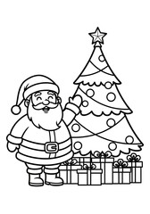 Santa Claus with decorated Christmas tree and gifts coloring page