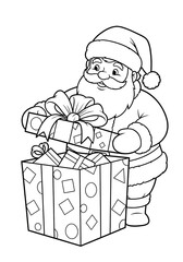 Santa Claus unpacking Christmas gifts coloring page for kids