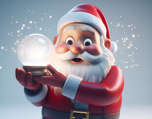 Santa claus holding a snow globe with magical sparkles in a festive setting, spreading holiday cheer and creating a whimsical atmosphere.