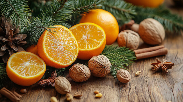 Rustic Christmas: wooden table, nuts, citrus fruits, fir branches, spices.