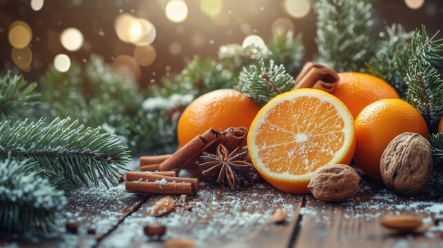 Rustic Christmas: wooden table, nuts, citrus fruits, fir branches, spices.