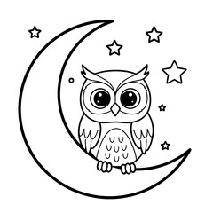 Cute owl sitting on crescent moon with stars coloring page for kids