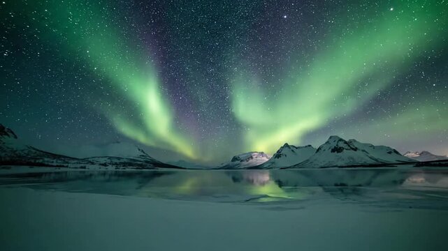 Vibrant Hues Painting a Nocturnal Canvas: Explore the rich spectrum of colors greens, purples, reds as they ripple and shimmer across the night sky, creating an ethereal light show above serene scener