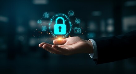 Protecting sensitive business data from cyber attacks. Hand with a digital lock interface representing information security, GDPR, and privacy