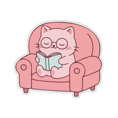 cute cats reading book on armchair sticker set