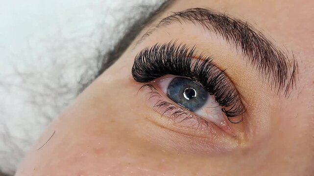 Close up of female eye with eyelash extensions ,eyelash extension procedure.2d volume, 3d volume, classical lashes,Russian volume,mega volume, new set.