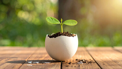 A tiny sprout emerges from the egg