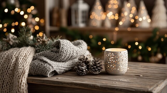 Cozy Winter Atmosphere with Warm Candlelight, Knitted Textiles, Pine Cones, and Festive Decorations in a Rustic Setting