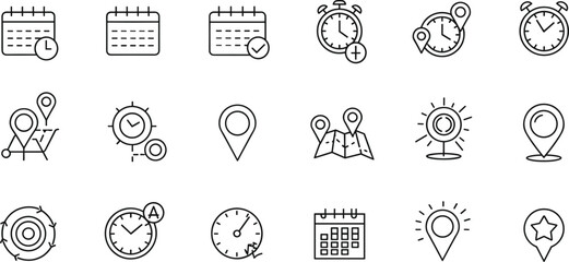 Time icons, location pins, calendar graphics, stopwatch visuals, navigation tools, scheduling symbols, planning interface, GPS markers, clock elements, direction arrows