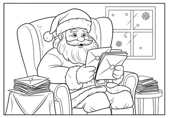 Santa Claus reading children’s letters by the window coloring page