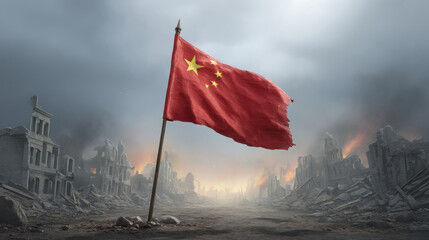 Fototapeta premium A powerful image of a flag amidst a desolate landscape, symbolizing resilience and change in turbulent times.