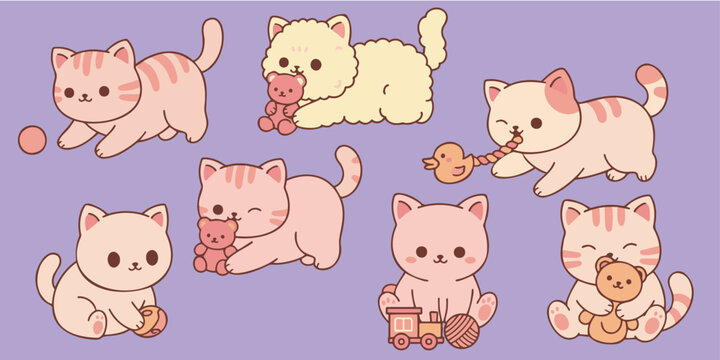 cute kawaii cat relaxing seamless pattern background