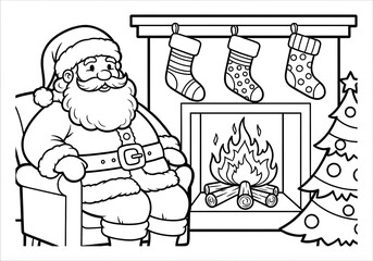 Santa Claus sitting by the fireplace coloring page