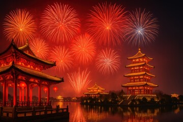 Fototapeta premium Chinese new year celebration background with fireworks.