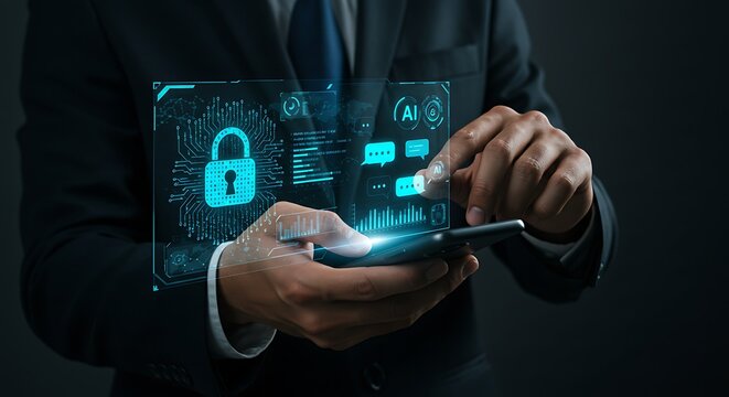 Man in suit interacting with virtual digital interface displaying cyber lock, AI chat, and data network security for modern business technology