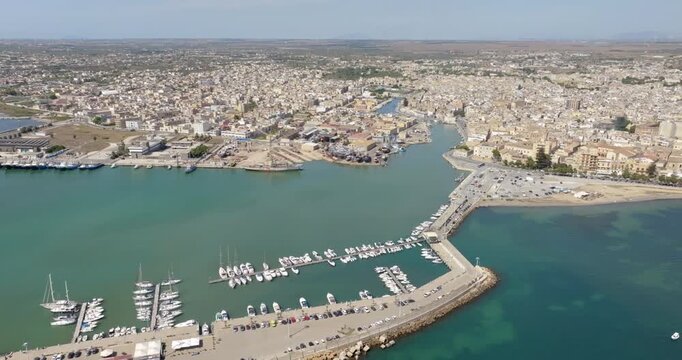 Aerial view of Mazara del Vallo, a town in the province of Trapani, Sicily, Italy. Overlooking the Mediterranean Sea at the mouth of the Mazaro River, it is an important Mediterranean fishing port.