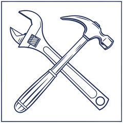 Hand drawn crossed hammer and wrench, vector design