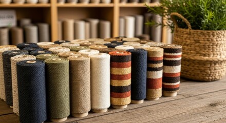 A collection of meticulously crafted fabric rolls displayed on a wooden surface