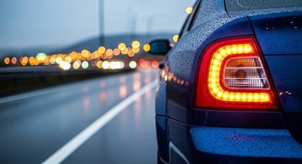 Rainy highway travel at dusk with illuminated taillight on a blue car