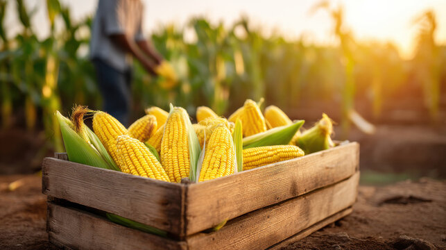A wooden crate filled with fresh, golden corn harvested from a lush farm field during sunset.