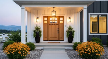 Front entrance of a modern home with natural wood door and welcoming light