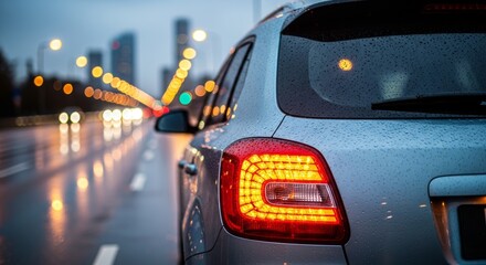 Rear view of a car on a wet city street at night, with blurred lights