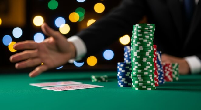 A high-stakes casino night with poker chips and playing cards on a green felt