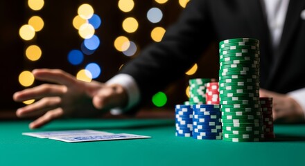 Dramatic casino action with poker chips and unseen player reaching for cards