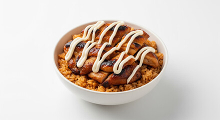 Teriyaki Chicken Rice Bowl with Mayo Sauce on Red Fried Rice