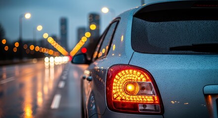 Night Drive Reflections: Urban Commute with Blurred Lights and Wet Road