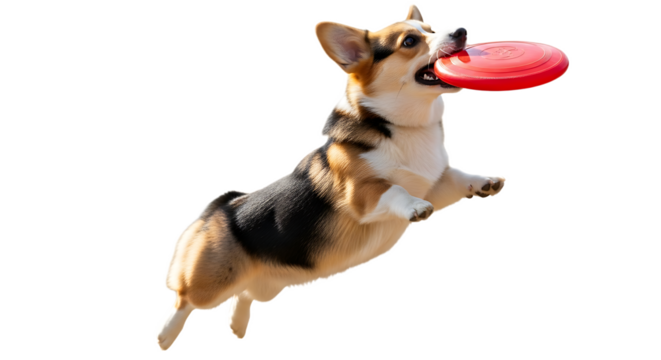 A corgi mid air catching a red frisbee with a black background on a sunny day in an outdoor setting